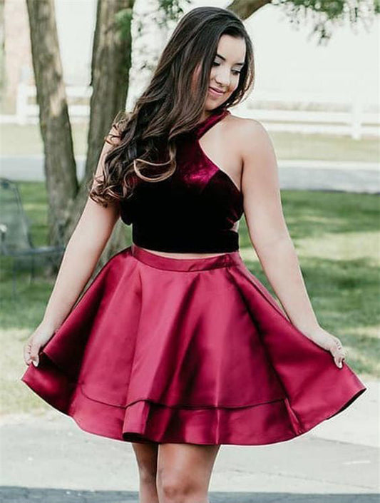 Halter Two Pieces Satin America Homecoming Dresses Sleeveless Burgundy Pleated Short