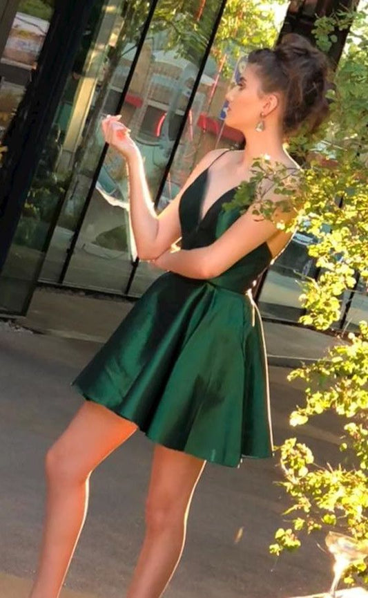 Deep V Neck Karla Homecoming Dresses Satin Spaghetti Straps Short Dark Green Pleated