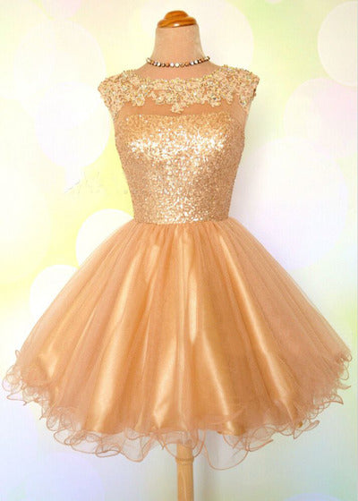 Cap Sleeve A Line Lillie Homecoming Dresses Jewel Appliques Sequins Sheer Gold Organza Backless