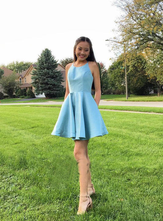 Halter Sleeveless Blue A Line Satin Homecoming Dresses Shirley Simple Pleated Short