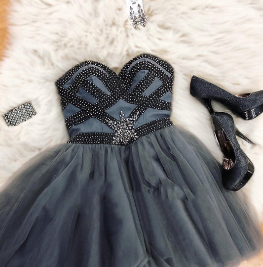 Dark Grey Strapless Sweetheart Beading Tulle Pleated Terri Homecoming Dresses A Line Short