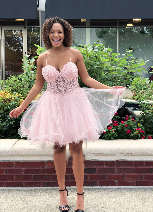 Spaghetti Straps Sweetheart Caylee Homecoming Dresses Pink Lace A Line Organza Pleated Sexy