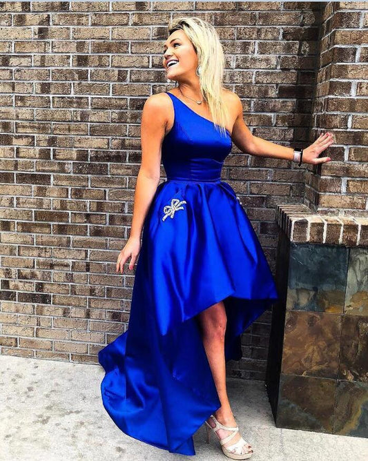 One Shoulder Royal Blue Homecoming Dresses Diana Satin High Low Pleated Sleeveless Ball Gown