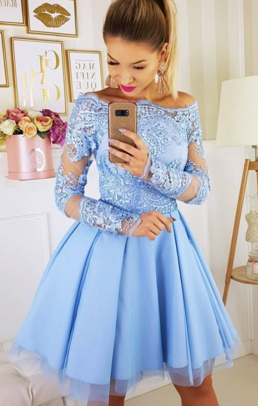 Long Sleeve Off The Karla Homecoming Dresses Lace A Line Shoulder Appliques Pleated Tulle Short