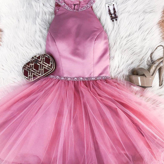 Halter Tulle Sleeveless Short Pleated Pink Homecoming Dresses A Line Payton Simple Beading