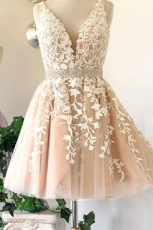Deep V Neck Sleeveless Tulle Appliques Stephany Ivory Homecoming Dresses Lace A Line Pleated