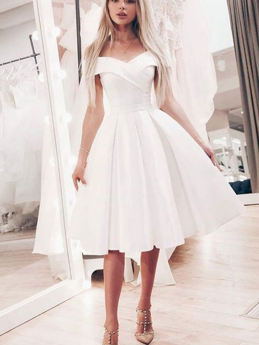 Off The Shoulder Pleated Knee Ivory Satin Homecoming Dresses Heidi A Line Length