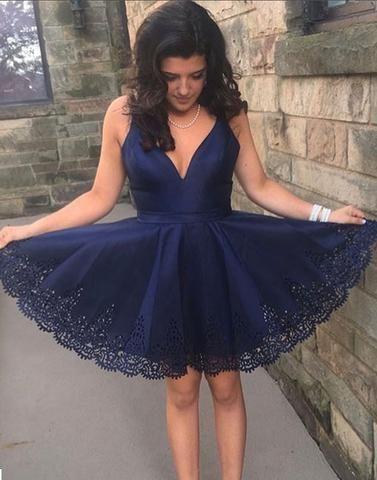 Sleeveless Deep V Neck Pleated Navy Satin A Line Mabel Lace Homecoming Dresses Blue Sexy