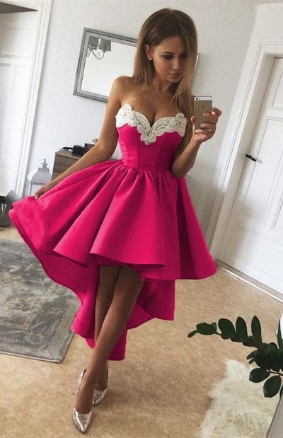 High Low Fuchsia Strapless Sweetheart Gabrielle Homecoming Dresses A Line Appliques Pleated