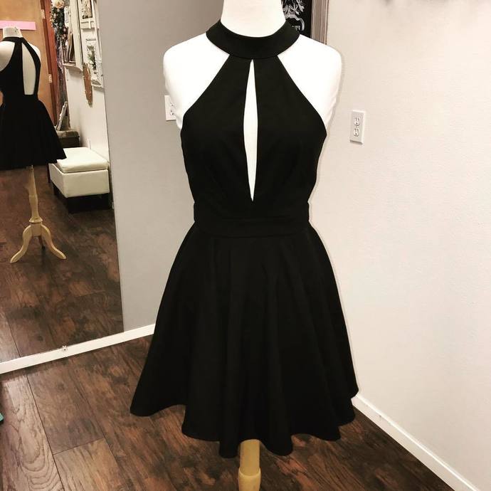 Kiana A Line Homecoming Dresses Satin Halter Black Sleeveless Cut Out Pleated Backless Short