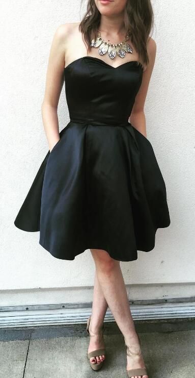 A Line Cara Homecoming Dresses Satin Black Strapless Sweetheart Pockets Backless Pleated