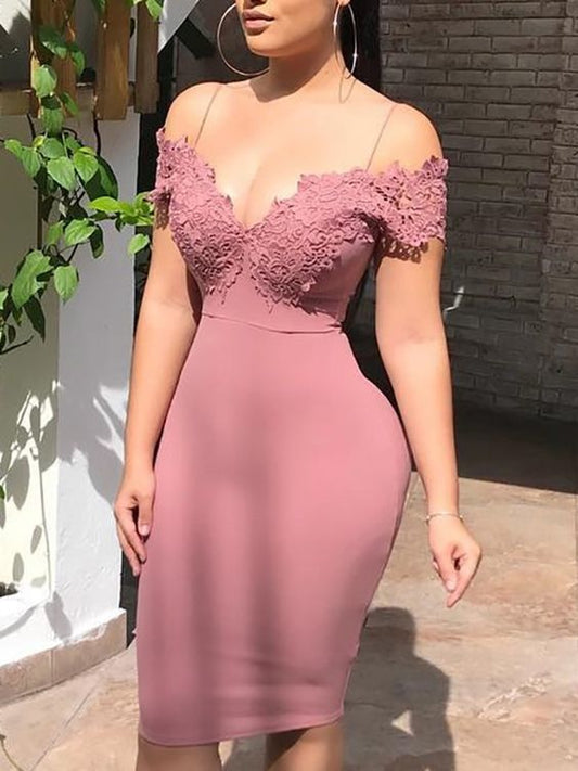 Dusty Rose Sheath Satin Homecoming Dresses Mariana Spaghetti Straps V Neck Off The Shoulder Appliques