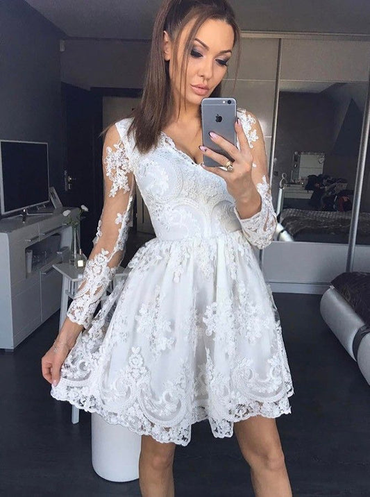 Kierra A Line Homecoming Dresses Lace Long Sleeve White Deep V Neck Pleated Sheer Short