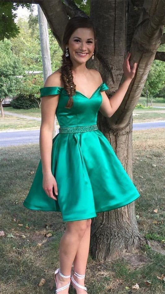 Jade Off Paisley Homecoming Dresses Satin A Line The Shoulder Pleated V Neck Beading Short