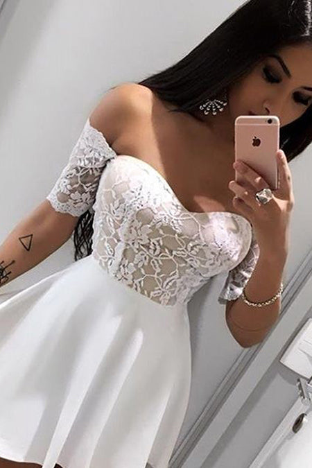 Lace Homecoming Dresses Satin Ivory A Line Ashley Off The Shoulder Half Sleeve Short