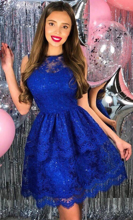 Jewel Royal Blue Kara Lace Homecoming Dresses A Line Sleeveless Pleated Elegant Sexy Short