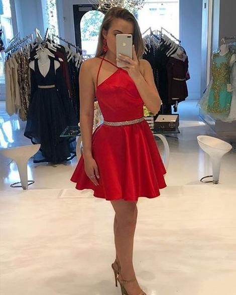 Halter Spaghetti Straps Sexy Pleated Homecoming Dresses A Line Satin Lorena Short Red Simple