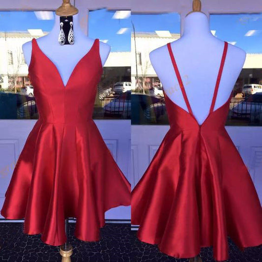 Deep Ryann Homecoming Dresses A Line Satin V Neck Red Straps Backless Sleeveless Pleated