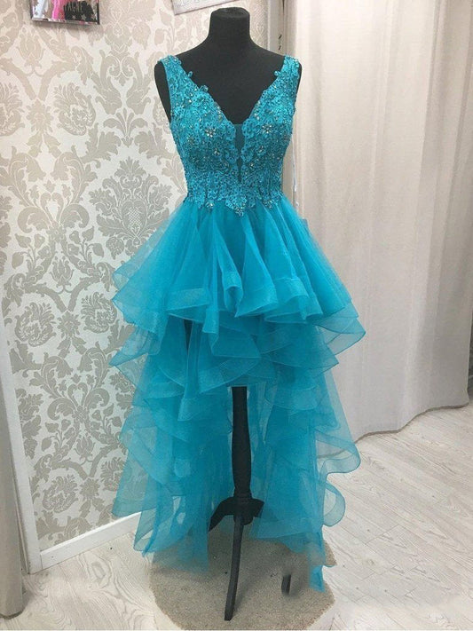 Blue Homecoming Dresses Catalina V Neck High Low Organza Pleated Appliques Backless Sleeveless