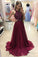 Burgundy A Line Floor Length Halter Sleeveless Beading Prom Dresses