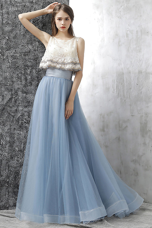 Blue Two Piece A Line Brush Train Sleeveless Tulle Prom Dresses