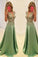 Green A Line Floor Length Deep V Neck Sleeveless Beading Prom Dresses