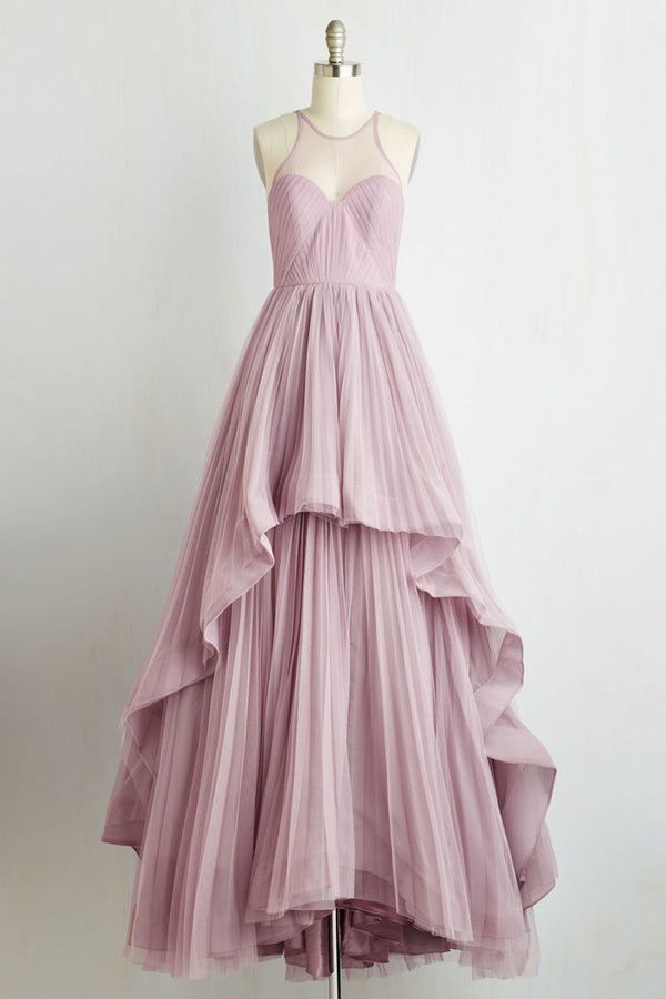 Pink A Line Floor Length Sheer Neck Sleeveless Sheer Back Long Prom Dresses