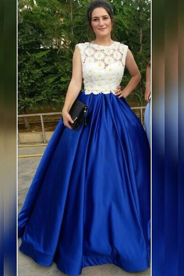 Royal Blue A Line Floor Length Scoop Neck Sleeveless Floral Long Prom Dresses