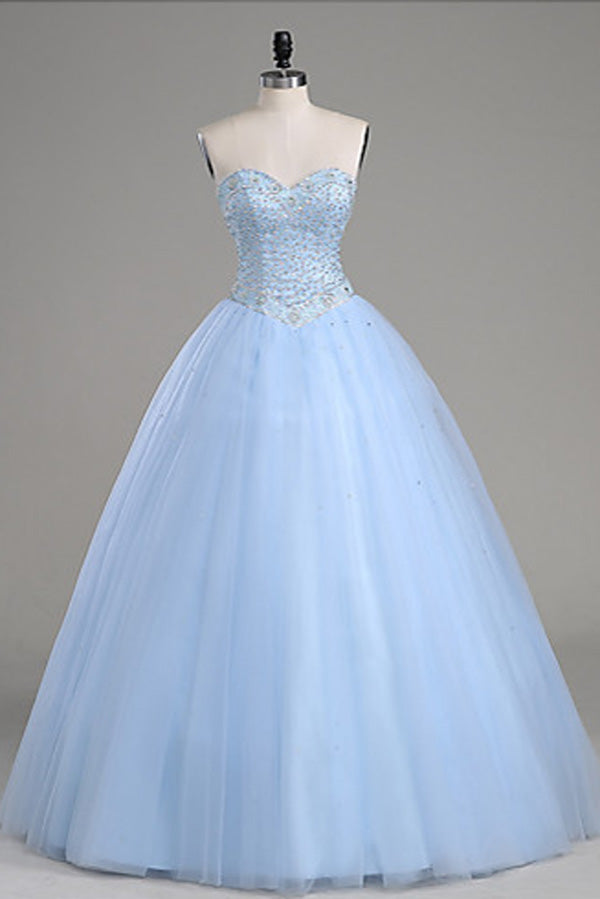Light Blue Ball Gown Floor Length Sweetheart Strapless Sleevless Beading Prom Dresses