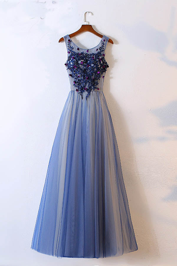 Blue Scoop Neck Sleeveless A Line Floor Length Beading Prom Dresses