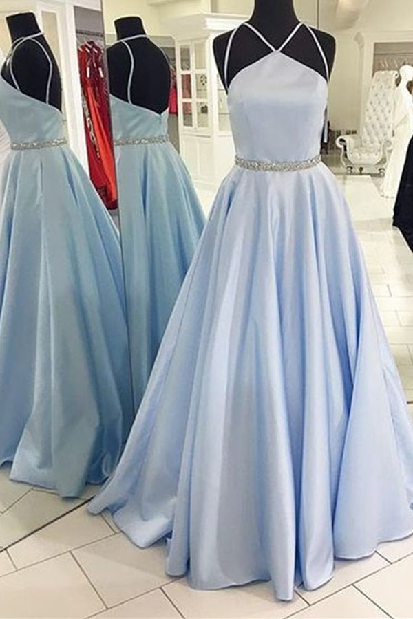Blue A Line Floor Length Halter Sleeveless Backless Beading Prom Dresses