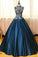 Navy Blue Ball Gown Floor Length High Neck Sleeveless Appliques Long Prom Dresses