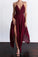 Burgundy Asymmetrical A Line Deep V Neck Sleeveless Backless Side Slit Prom Dresses