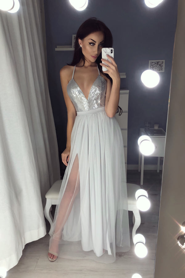 Gray A Line Deep V Neck Floor Length Sleeveless Side Slit Tulle Prom Dresses