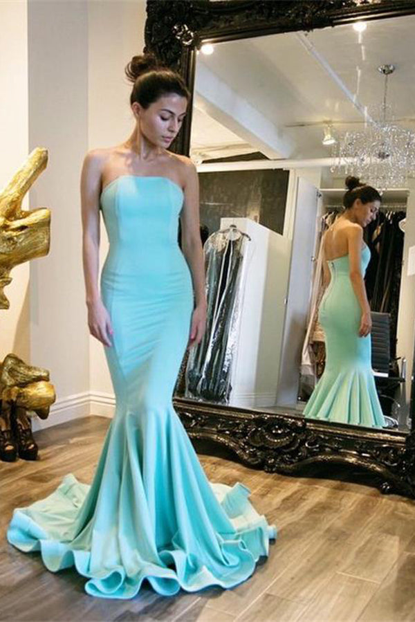 Blue Mermaid Sweep Train Strapless Sleeveless Mid Back Prom Dresses