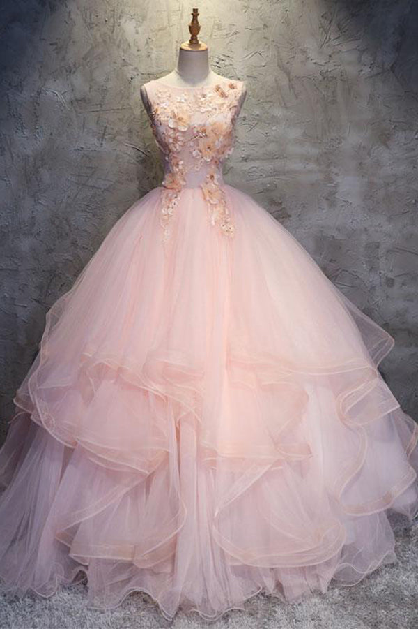 Pink Ball Gown Floor Length Sleeveless Layers Tulle Ruffles Floral Prom Dresses