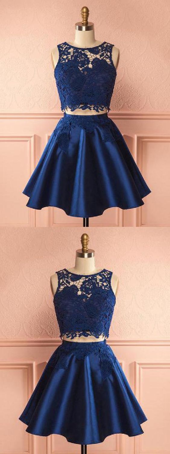 2 Two Pieces Satin Homecoming Dresses Caroline Lace Pieces Navy Blue Party Dress