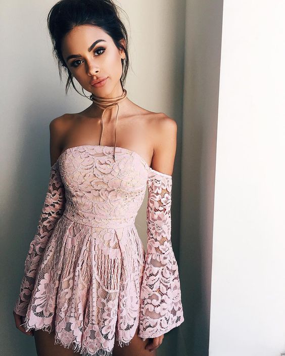 A-Line Off-The-Shoulder Long Sleeves Short Cocktail Lace Michaelia Homecoming Dresses Blush 2024