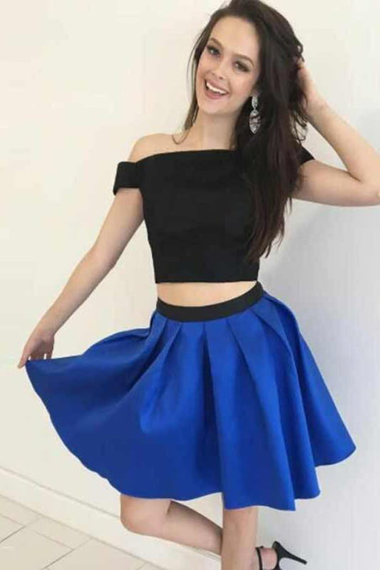 Cute Two Piece Off the Shoulder Satin A Line Homecoming Dresses