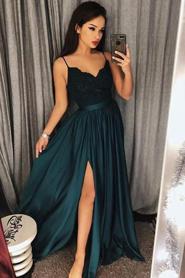 Sexy Satin Appliques Straps Sweep Train Prom Dresses