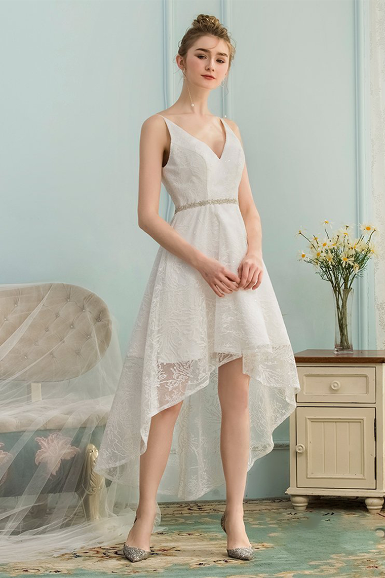 High Low V-Neck Homecoming Dresses Ivory Rosalind Lace Asymmetrical