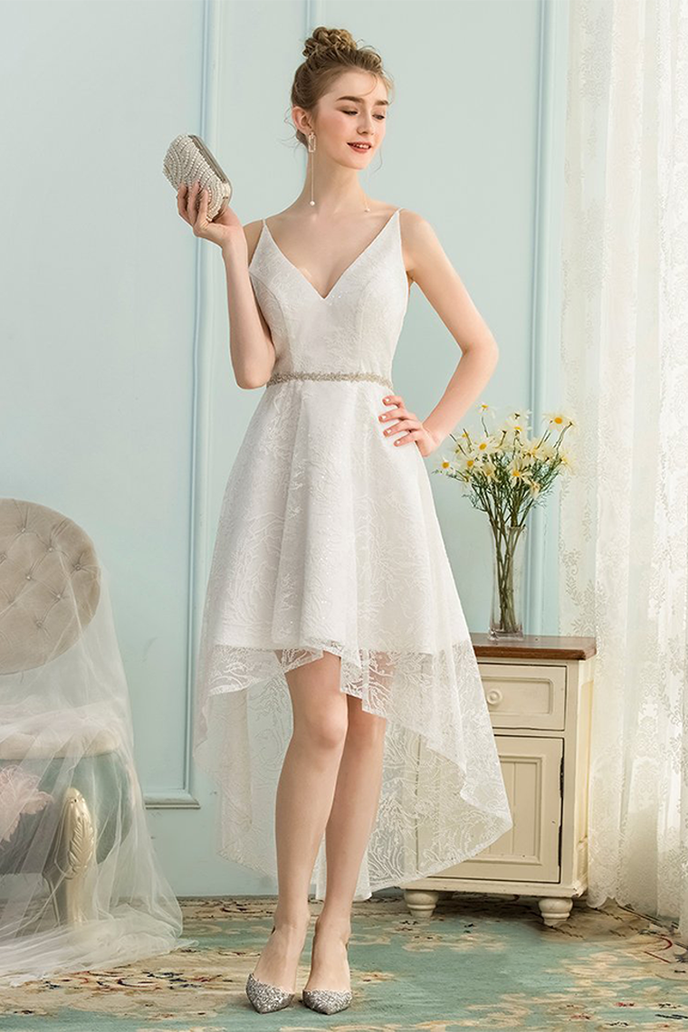 High Low V-Neck Homecoming Dresses Ivory Rosalind Lace Asymmetrical