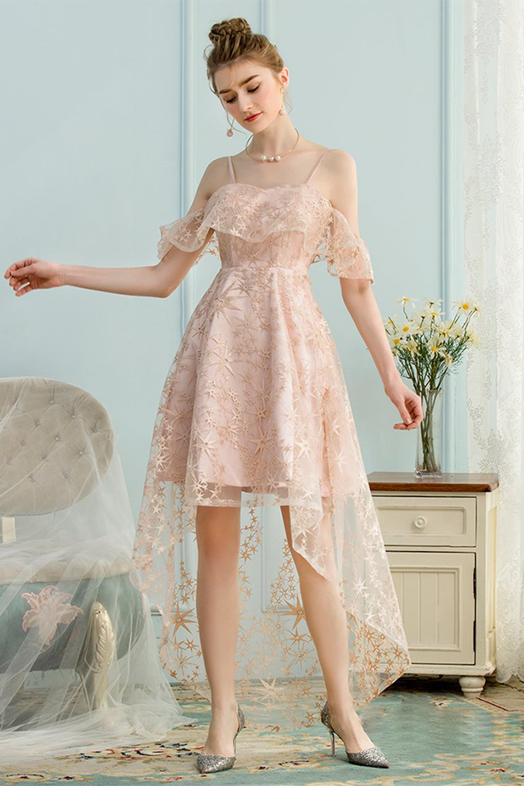 High Low A-Line Spaghetti Lace Homecoming Dresses Ximena Pink Straps Ice