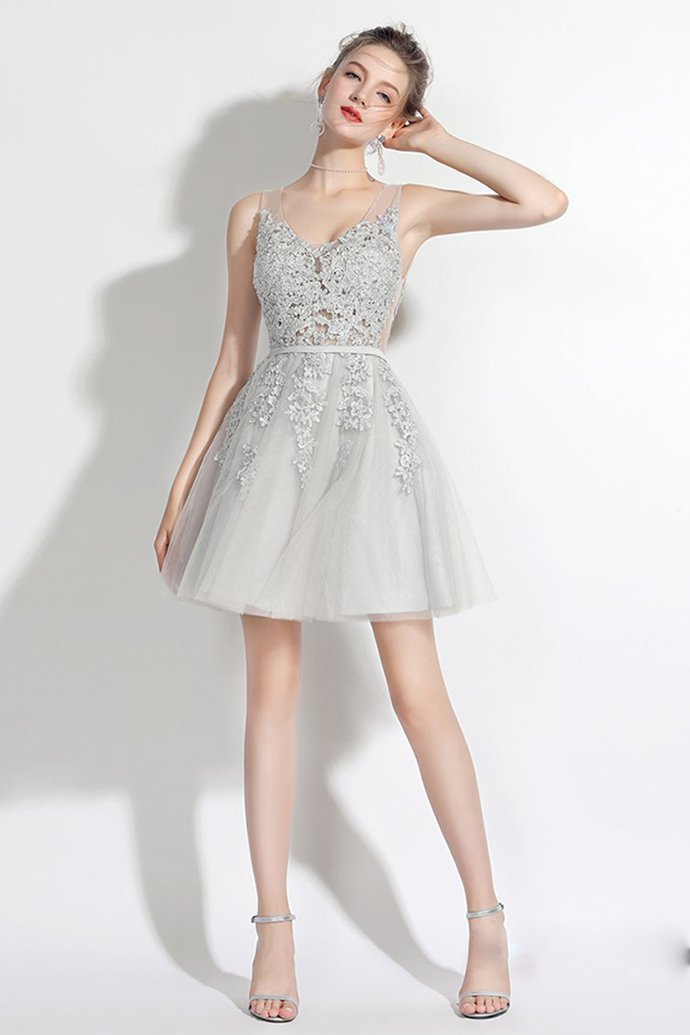 A-Line V-Neck Grey With Sash Homecoming Dresses Zara Appliques