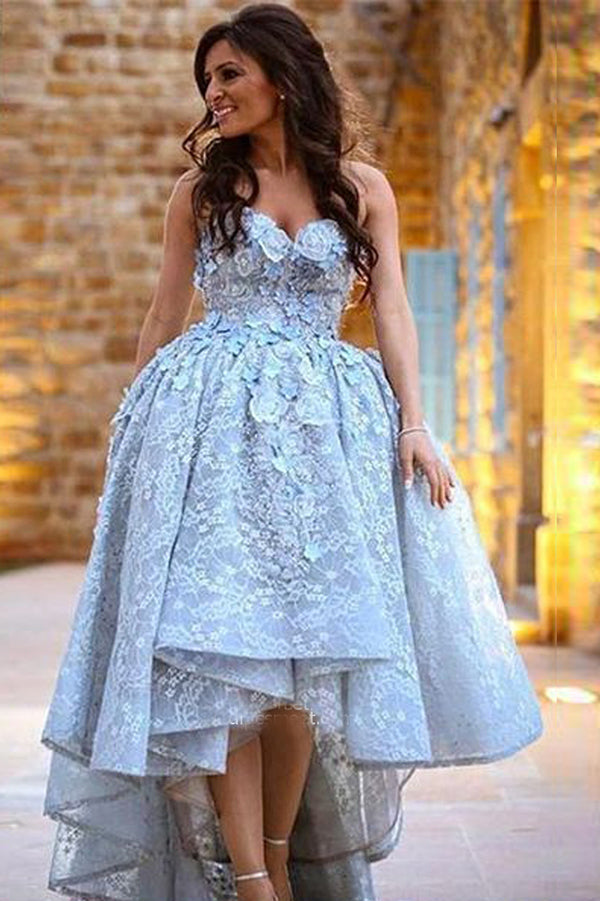 Luxury Sweetheart Ball Gown High Low Lace Appliques Prom Dresses