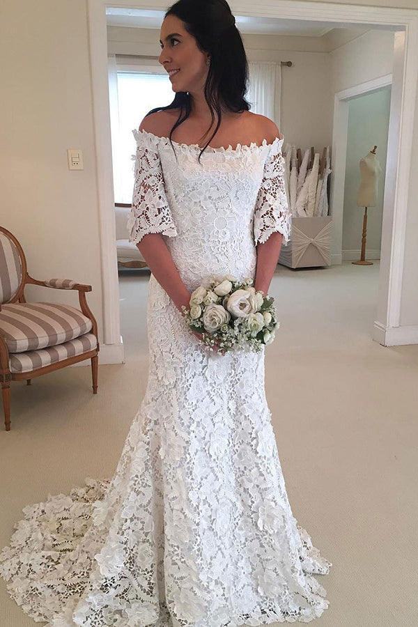 Classy Half Sleeve Off the Shoulder Lace Wedding Dresses