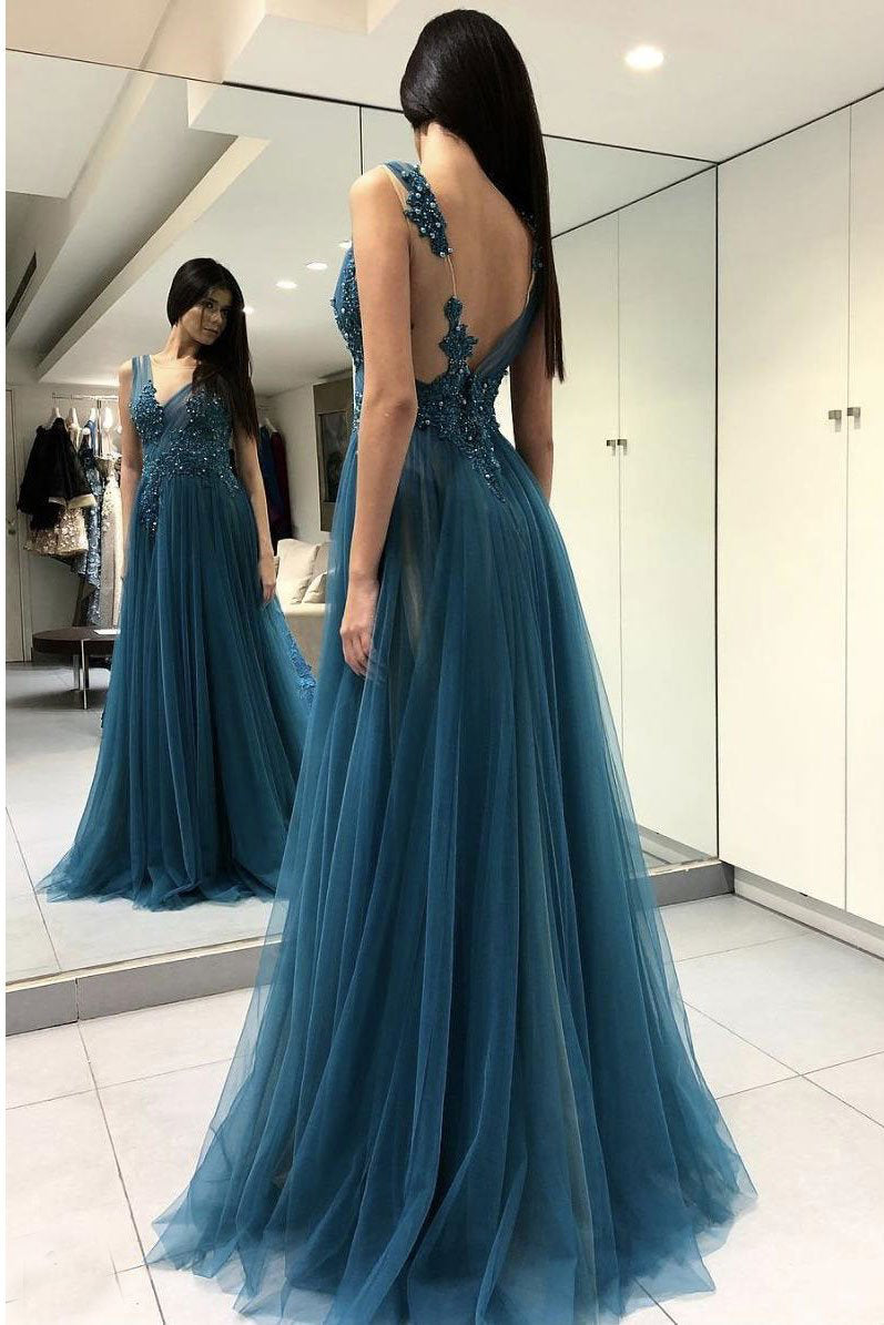 Blue Scoop Appliqued Sexy Side Slit Long Formal Lace Prom Dresses