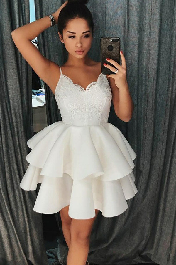 A-Line Spaghetti Straps Lace Short Layers Satin Homecoming Dresses