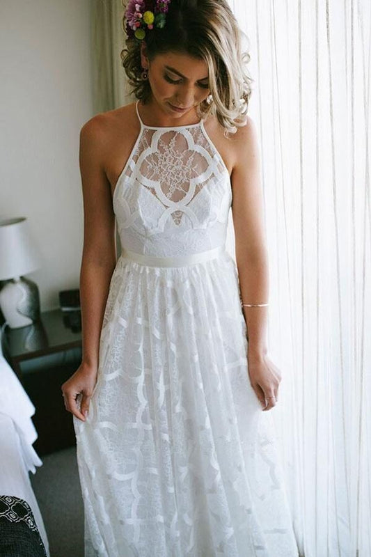 Charming Halter Sleeveless Lace A Line Backless Beach Wedding Dresses