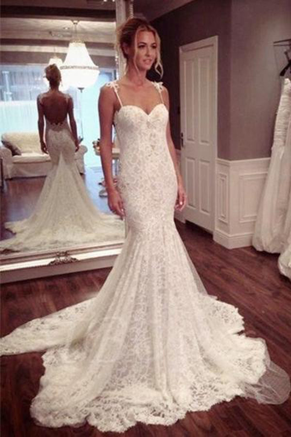 Chic Spaghetti Straps Trumpet Backless Appliques Beaded Wedding Dresses